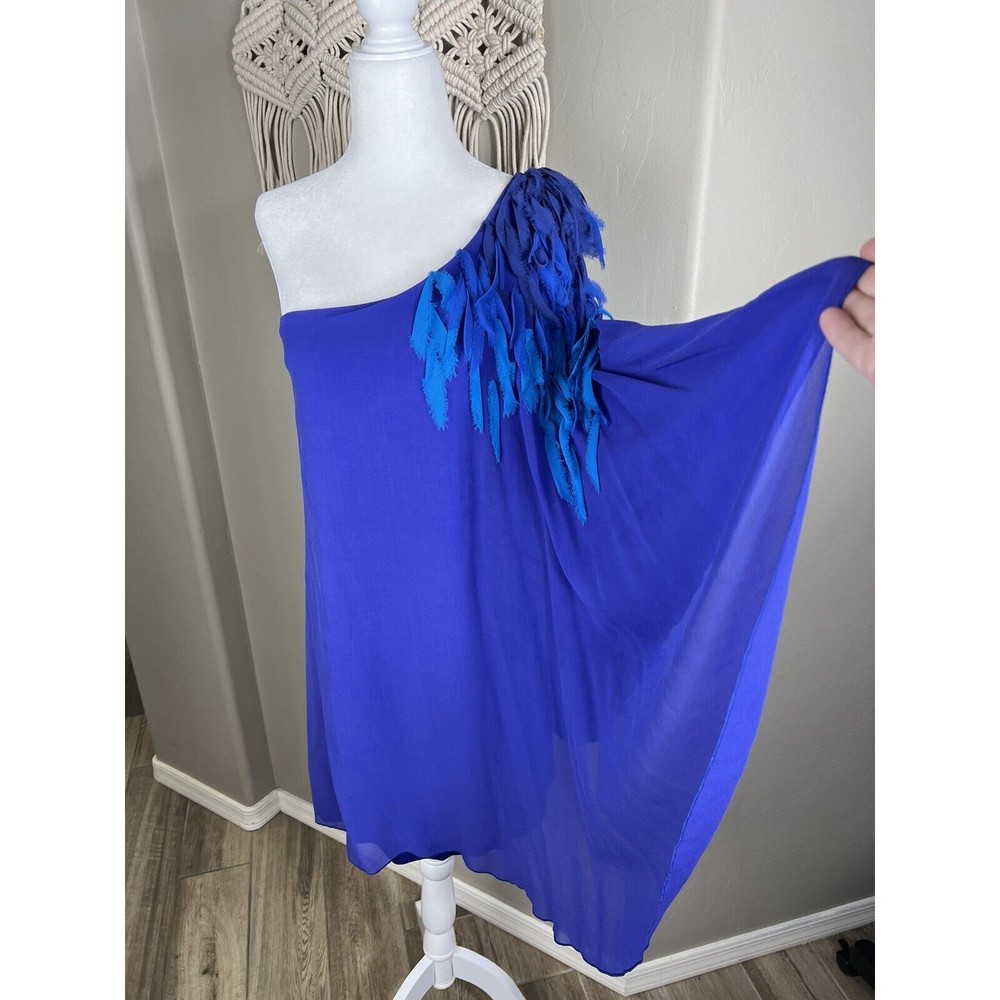 Trina Turk One Shoulder Silk Dress Blue Size Small Feather Like Cape Sleeve